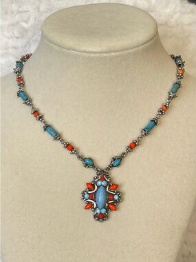 Southwestern Turquoise Coral Style Necklace Silver Tone Statement Pendant Boho